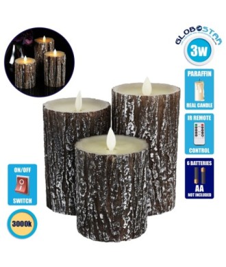 GLOBOSTAR® EVERFLAME 79562 Διακοσμητικό Κερί Παραφίνης με IR Ασύρματο Χειριστήριο LED 0.5W 30lm 120° DC 3.2V με 2xAA Μπαταρίες IP20 Θερμό Λευκό 2700K Dimmable - Μ7.5 x Π7.5 x Υ15cm - Πακέτο 3 Τεμαχίων - 1 Χρόνο Εγγύηση